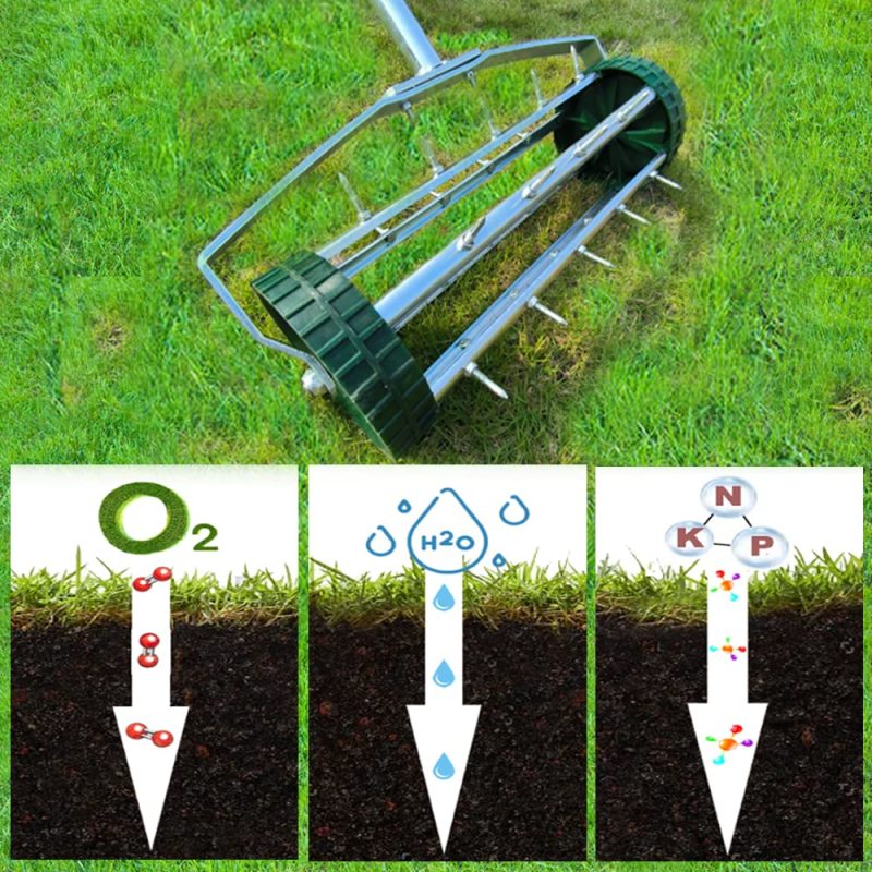 24 Inch Compost Spreader Metal Mesh Basket for Grass Seed Lawns Manure Fertilizer & 16.5 Inch Lawn Aerator Tool