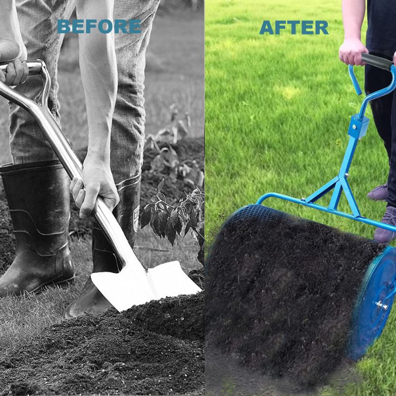 24 Inch Compost Spreader Metal Mesh Basket for Grass Seed Lawns Manure Fertilizer & 16.5 Inch Lawn Aerator Tool