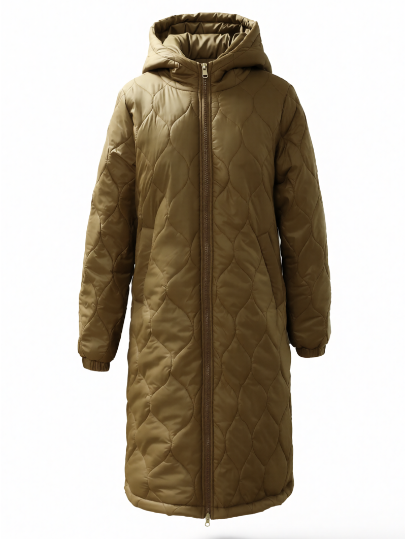 Khaki Hooded Long Puffer Coat