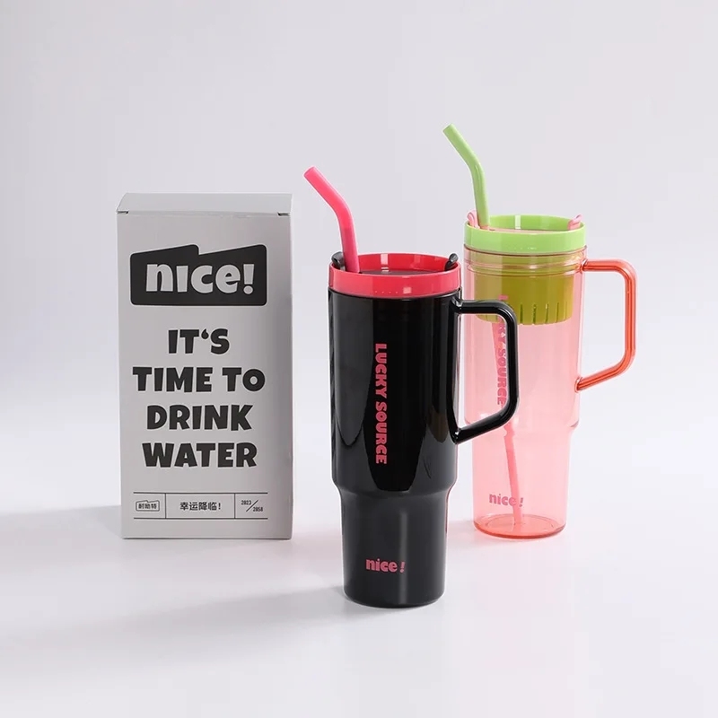 Popular Custom Plastic Big Capacity Water Juice Bottle Eco-Friendly 40oz Tumbler with Handle and Straw