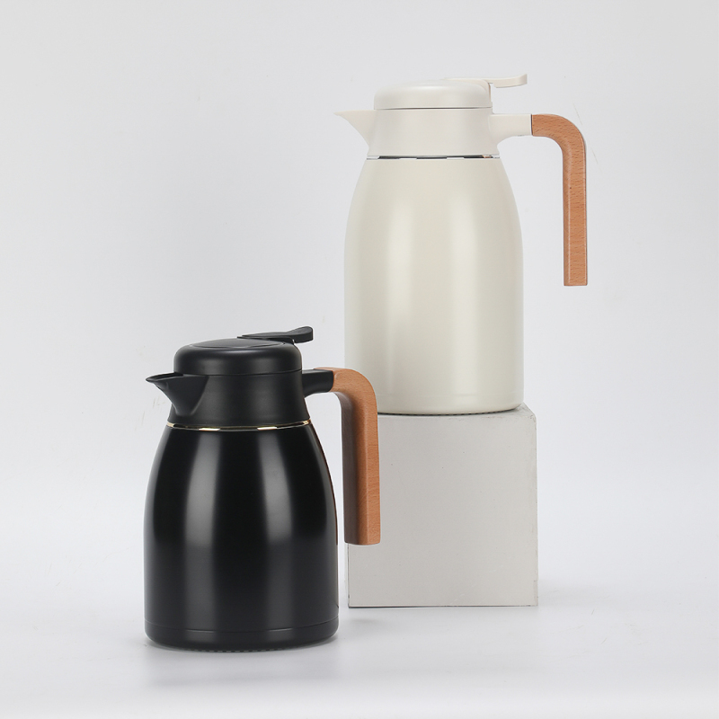 Thermos flask coffee pot made of double walled 304 stainless steel with wooden handle insulated jug