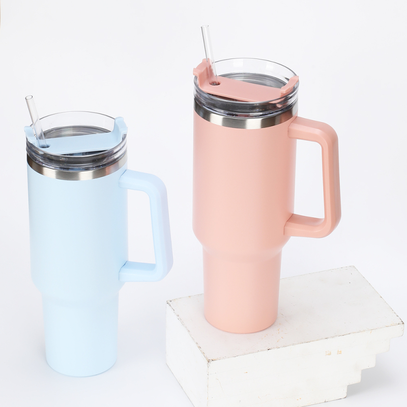 304 Double Wall Coffee Custom Tumbler Cups Stainless Steel Tumbler with Handle and Straw Lid