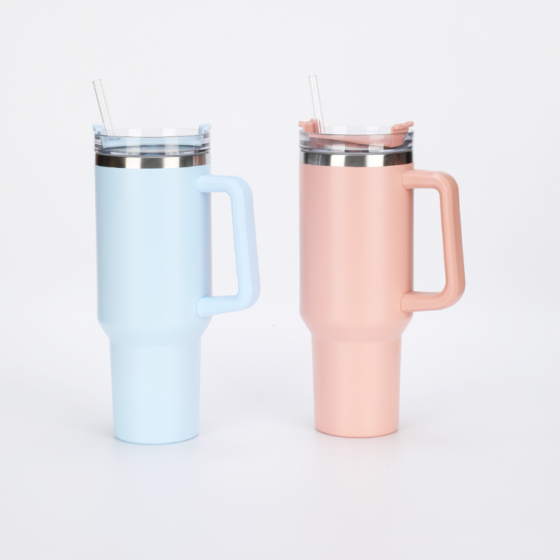 304 Double Wall Coffee Custom Tumbler Cups Stainless Steel Tumbler with Handle and Straw Lid
