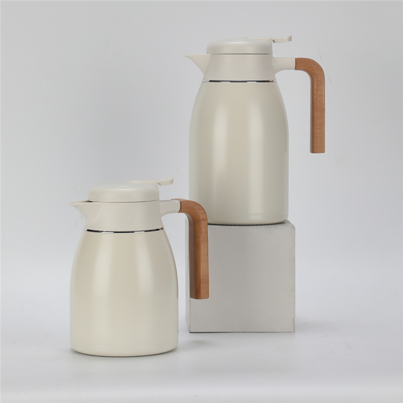 STAINLESS STEEL INSULATED JUG TEA COFFEE POT VACUUM FLASK WITH WOODEN HANDLE
