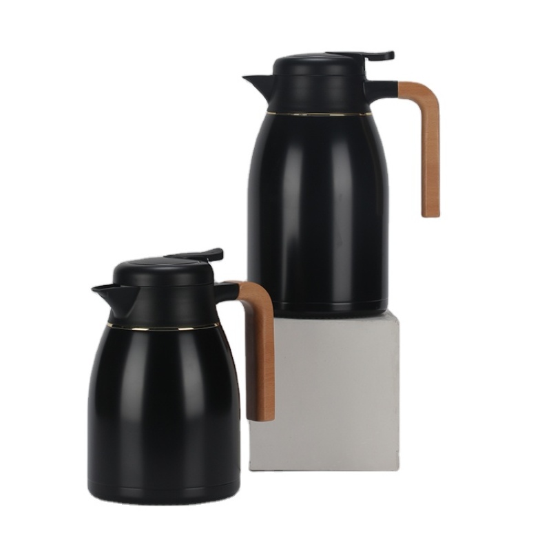 STAINLESS STEEL INSULATED JUG TEA COFFEE POT VACUUM FLASK WITH WOODEN HANDLE