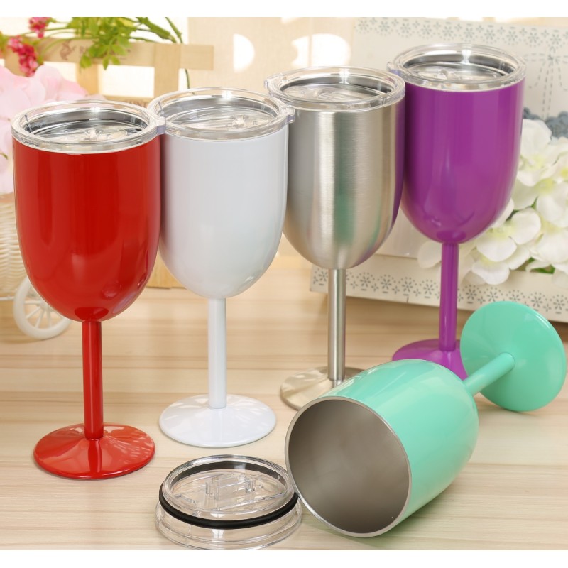 10oz Stainless Steel Wine Goblet Wholesale Water Bottles Red Wine Cup Double Walled Tumbler Goblet With Clear Lid