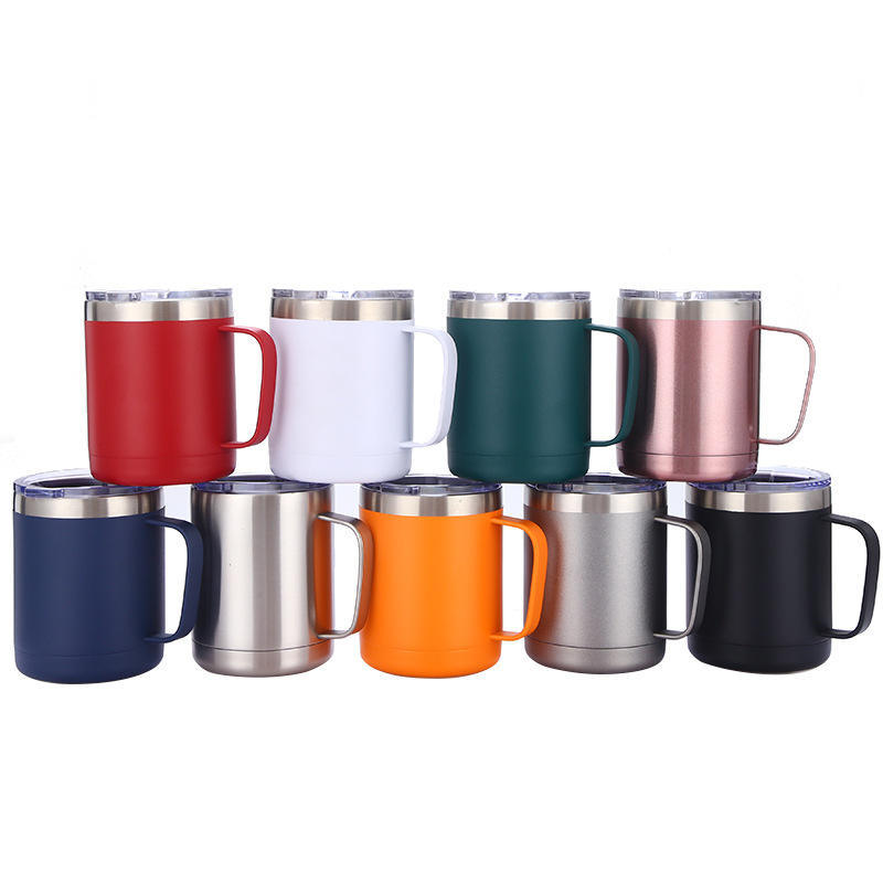 Custom Logo 12oz Double Wall Stainless Steel Insulated Beer Travel Mug Tumblers With Handle Lid