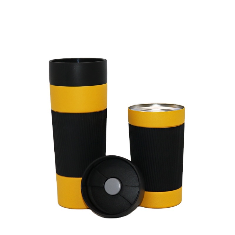 Best Double Wall Stainless Steel Custom Metal Matte Black Vacuum insulated Thermos Travel Coffee tumbler Mug with rubber sleeves