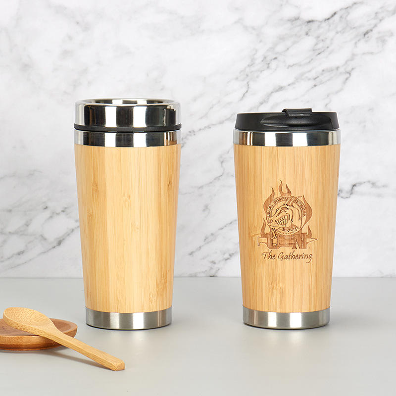 BPA Free Stainless Steel Double Wall Vacuum Flask Insulated Bamboo With Bamboo Sleeve Coffee Mug