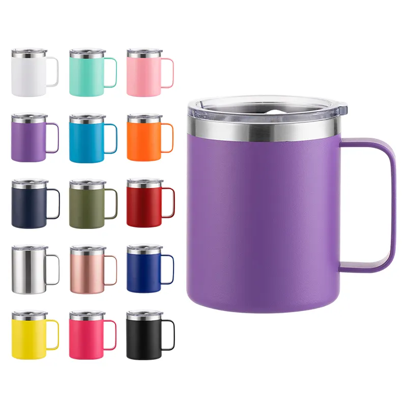 Custom Logo Leak Proof 12oz Tumbler Stainless Steel Travel Coffee Mug Powder Coated Cup With Lid And Hand Grip