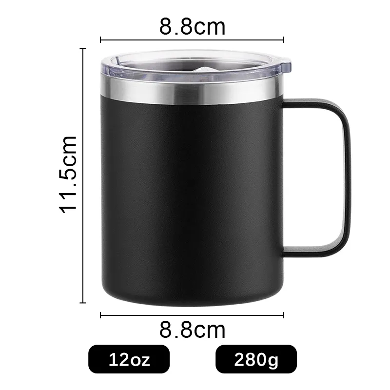 Custom Logo Leak Proof 12oz Tumbler Stainless Steel Travel Coffee Mug Powder Coated Cup With Lid And Hand Grip