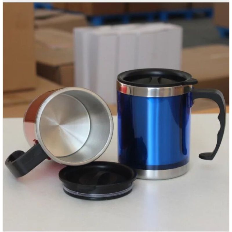 Custom 14oz double layer inner 304 stainless steel outer plastic office coffee cup with handle