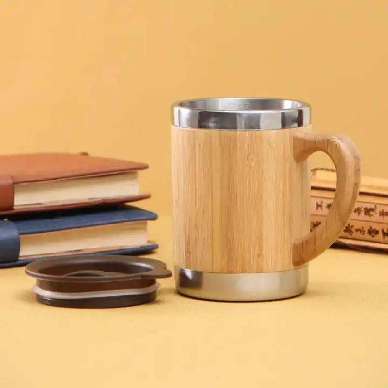 High quality stainless steel vaccum flask Bamboo shell office teacup with double insulated handle mug