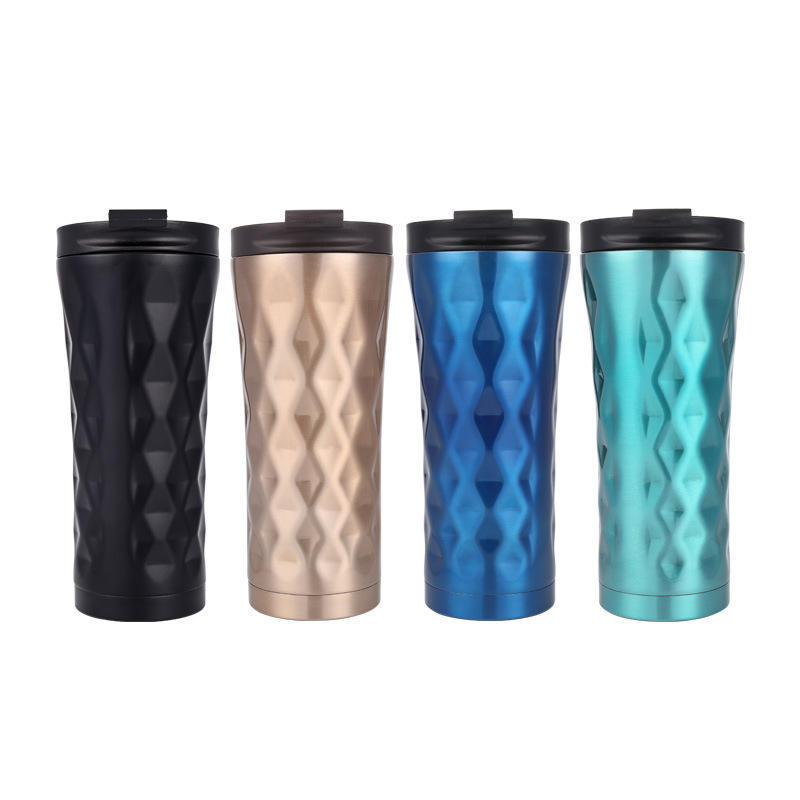 OEM Diamond Shaped Double Wall Stainless Steel Insulated Tumbler Coffee Mug With Flap Lid For Hot Drinks