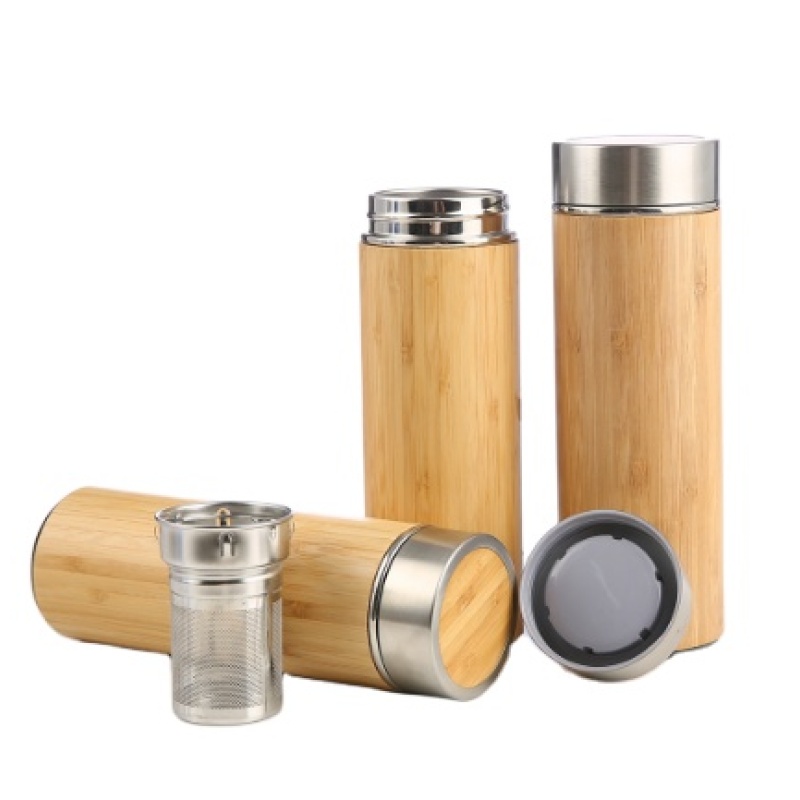 Eco-friendly New 500ml smart bamboo vacuum flask double wall stainless steel insulated Bamboo Water Bottle with tea infuser