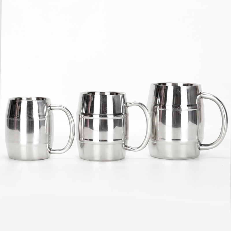 Multiple Size Double Wall Barrel Shaped Stainless Steel Insulated Cup Wide Mouth With Handle Beer Mug
