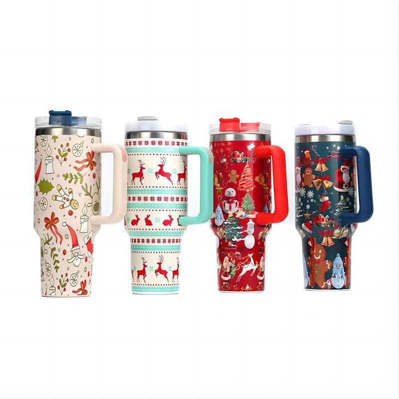 Christmas Design Double Wall Thermos Vacuum Insulated Flask Stainless Steel Water Bottle With Handle Coffee Tumbler