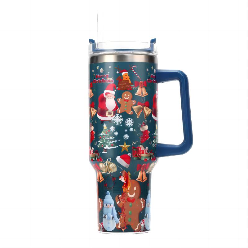 Christmas Design Double Wall Thermos Vacuum Insulated Flask Stainless Steel Water Bottle With Handle Coffee Tumbler