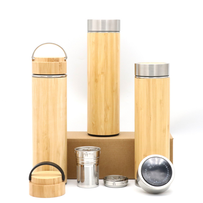 Eco Friendly Stainless Steel Triple Wall Vacuum Flask Insulated With Bamboo sleeve With Bamboo Lid Water Bottle