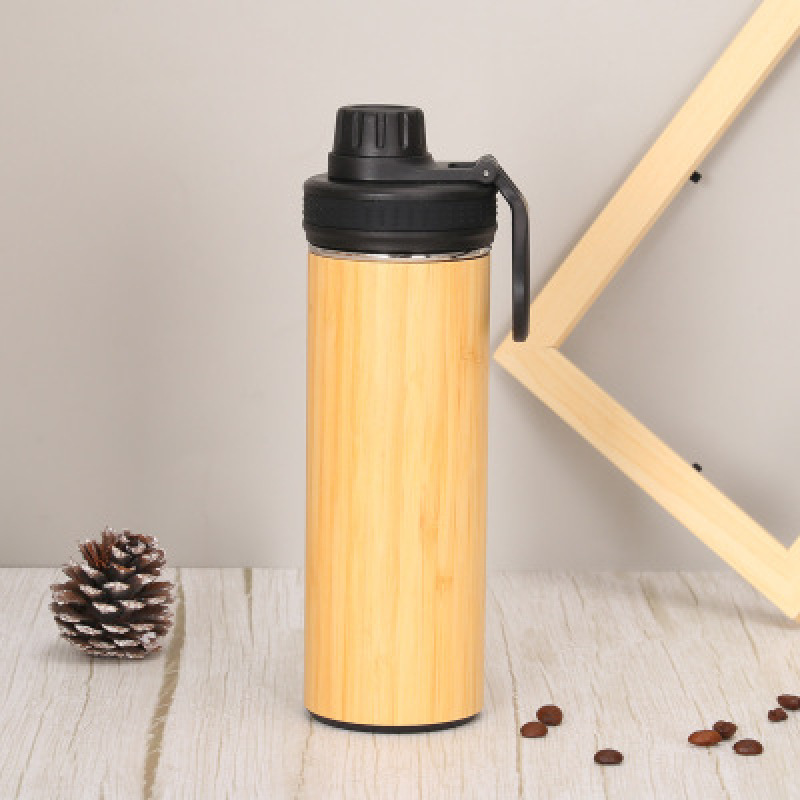 Custom Bamboo Lid 12/15/17oz Double Wall Stainless Steel 304 Coffee Mug Cup Vacuum Thermos Bamboo Water Bottle With Handle