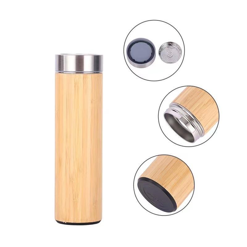Factory Direct Supply Bamboo Thermos Bottle 500ml Triple Wall Stainless Steel Vacuum Flask Insulated Water Bottle