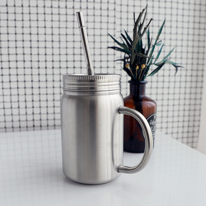 Hot sell custom 500ml double wall stainless steel Mason jar drinking cup with straw