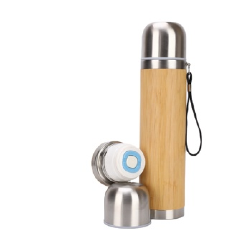 Nature Bamboo Stainless Steel Triple Wall Vacuum Flask Insulated With Bamboo Sleeve Bullet Shape Water Bottle