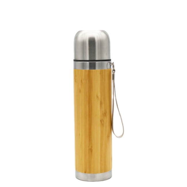 Nature Bamboo Stainless Steel Triple Wall Vacuum Flask Insulated With Bamboo Sleeve Bullet Shape Water Bottle