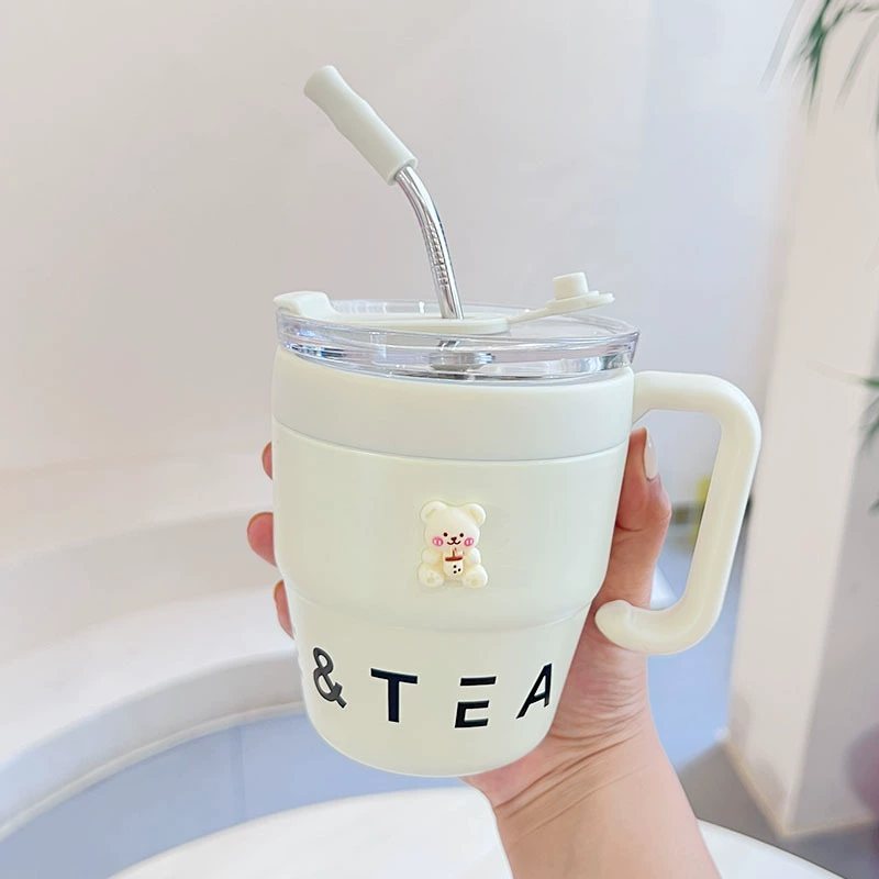 Seaygift Ins Simple New Creative Handle Stainless Steel Coffee Tumbler Mug Vacuum Insulated Thermos Tea Cup With Straw