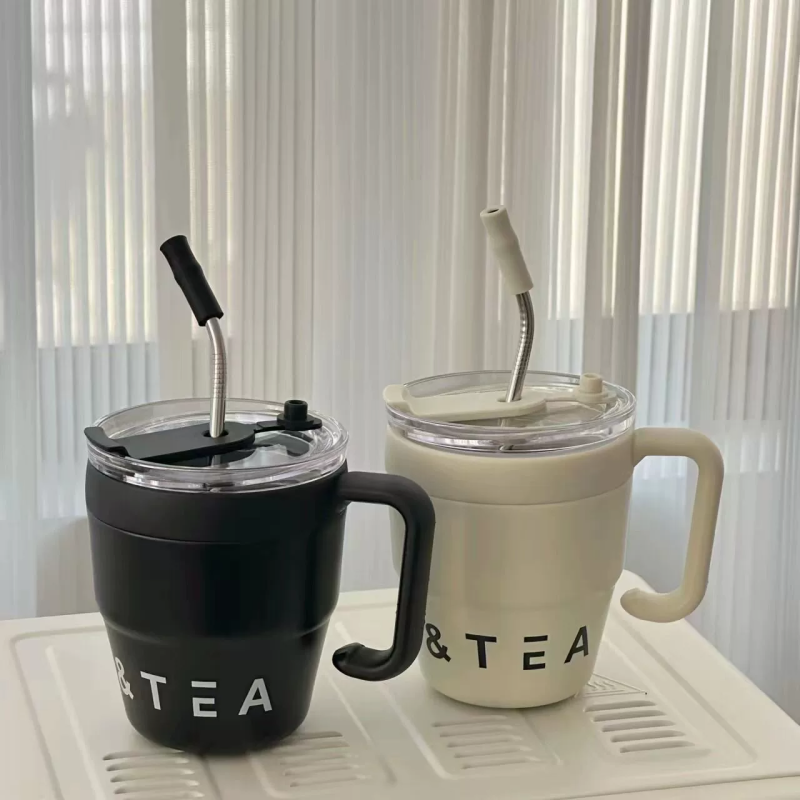 Seaygift Ins Simple New Creative Handle Stainless Steel Coffee Tumbler Mug Vacuum Insulated Thermos Tea Cup With Straw