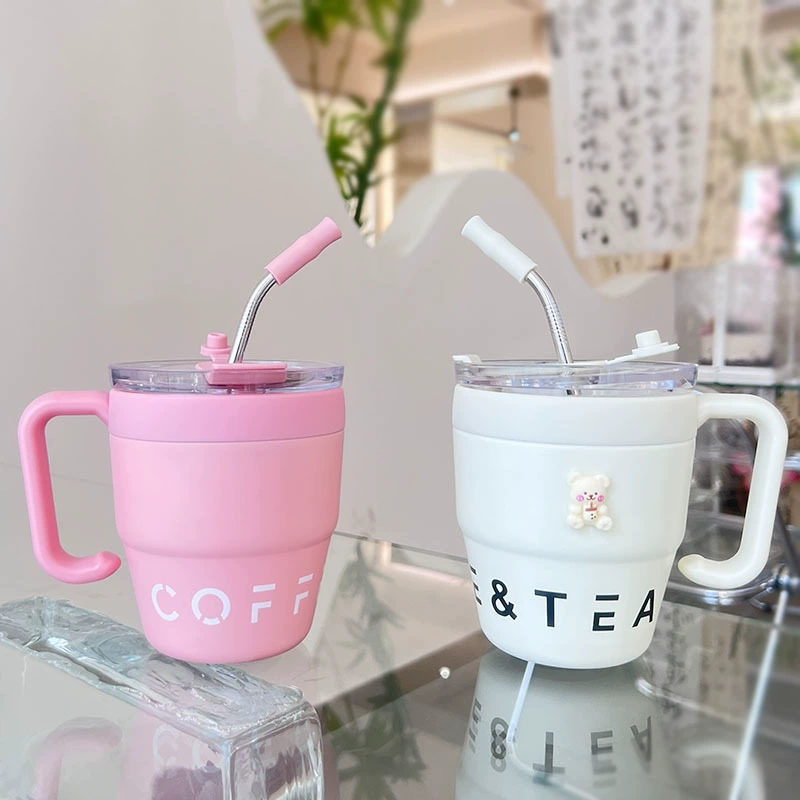 Seaygift Ins Simple New Creative Handle Stainless Steel Coffee Tumbler Mug Vacuum Insulated Thermos Tea Cup With Straw