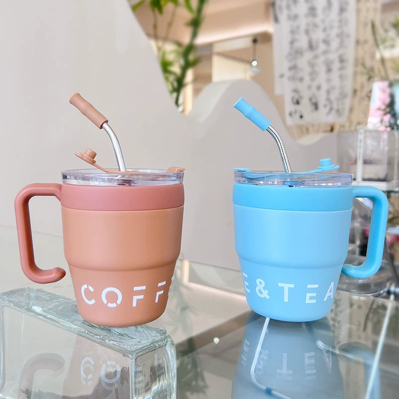 Seaygift Ins Simple New Creative Handle Stainless Steel Coffee Tumbler Mug Vacuum Insulated Thermos Tea Cup With Straw
