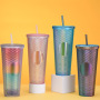 Plastic Coffee Cup Party Reusable Plastic Tumbler Multi Colors Custom Logo Gradient Plastic Diamond Studded Cup Tumbler
