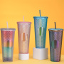 Plastic Coffee Cup Party Reusable Plastic Tumbler Multi Colors Custom Logo Gradient Plastic Diamond Studded Cup Tumbler