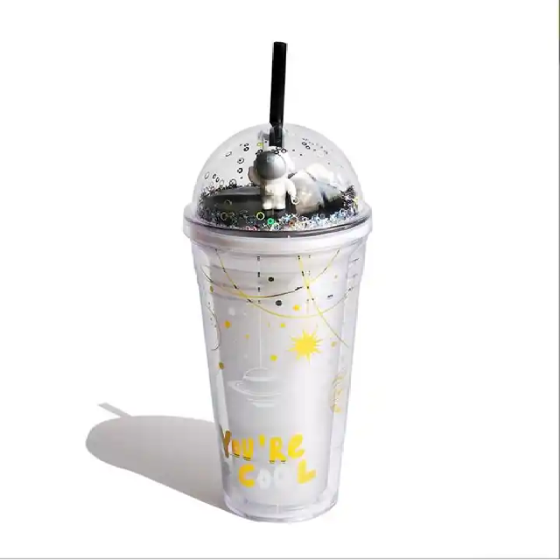 Wholesale new design BPA-free 17 oz double-walled plastic coffee cups with straws