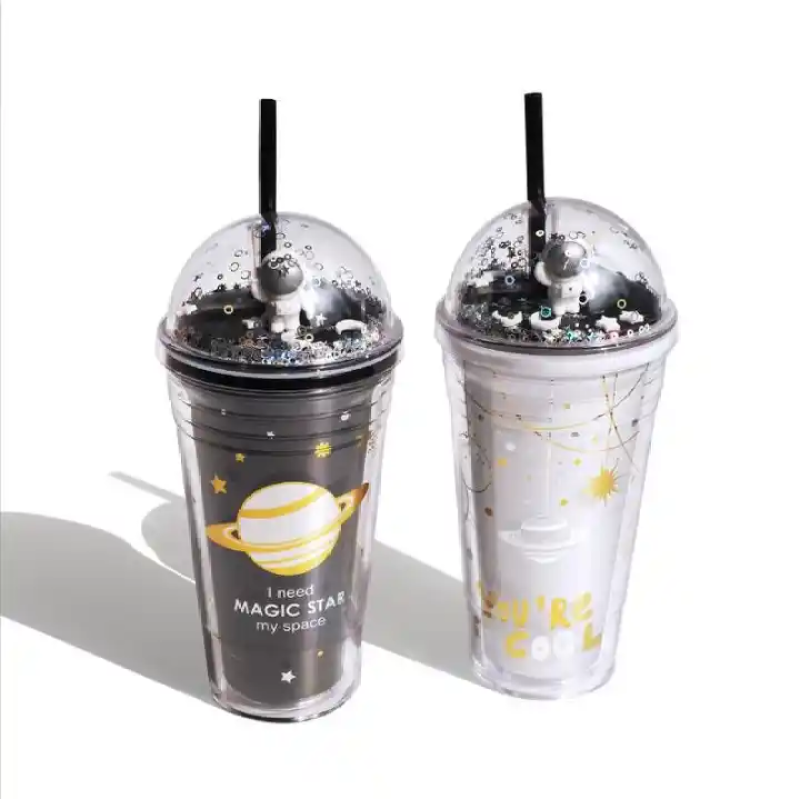 Wholesale new design BPA-free 17 oz double-walled plastic coffee cups with straws