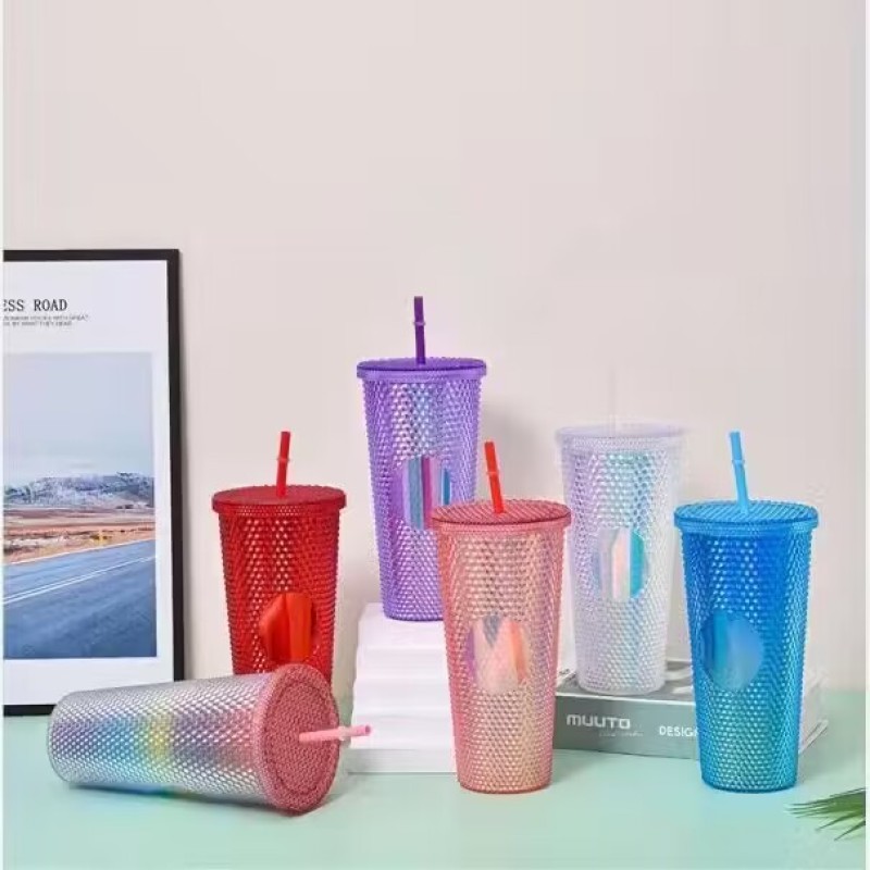 Hot Sale Reusable Diamond Drinking Cups 24 Oz Multi Color Black Studded Tumbler With Lid And Straw