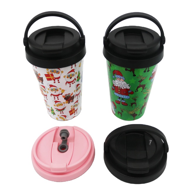 Christmas Designs Double Wall Thermos Vacuum Insulated Cup Stainless Steel Flask With Handle Lid Coffee Mug