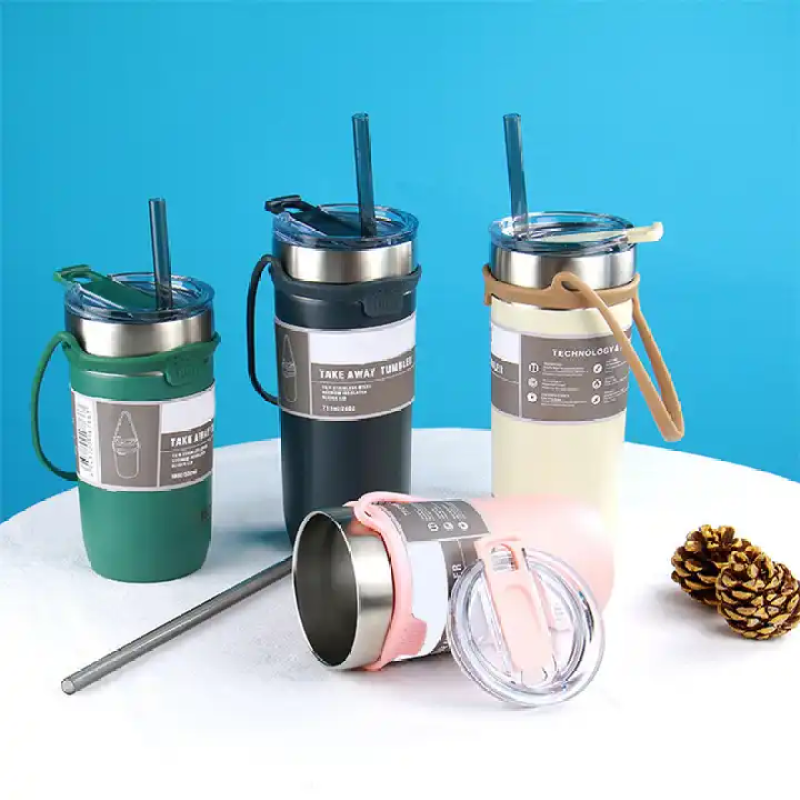 Custom logo Double stainless steel vacuum insulated coffee travel mug with silicone strap