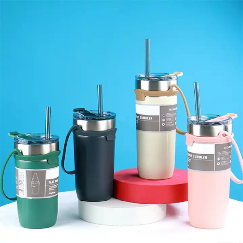 Custom logo Double stainless steel vacuum insulated coffee travel mug with silicone strap