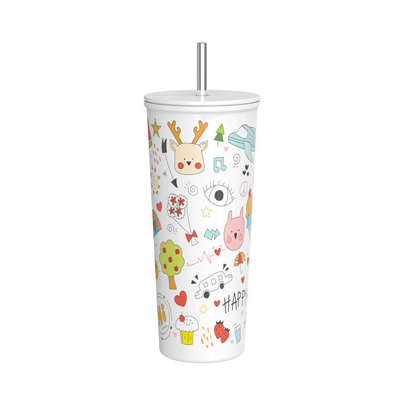 Hot double stainless steel vacuum insulated coffee mug with straw