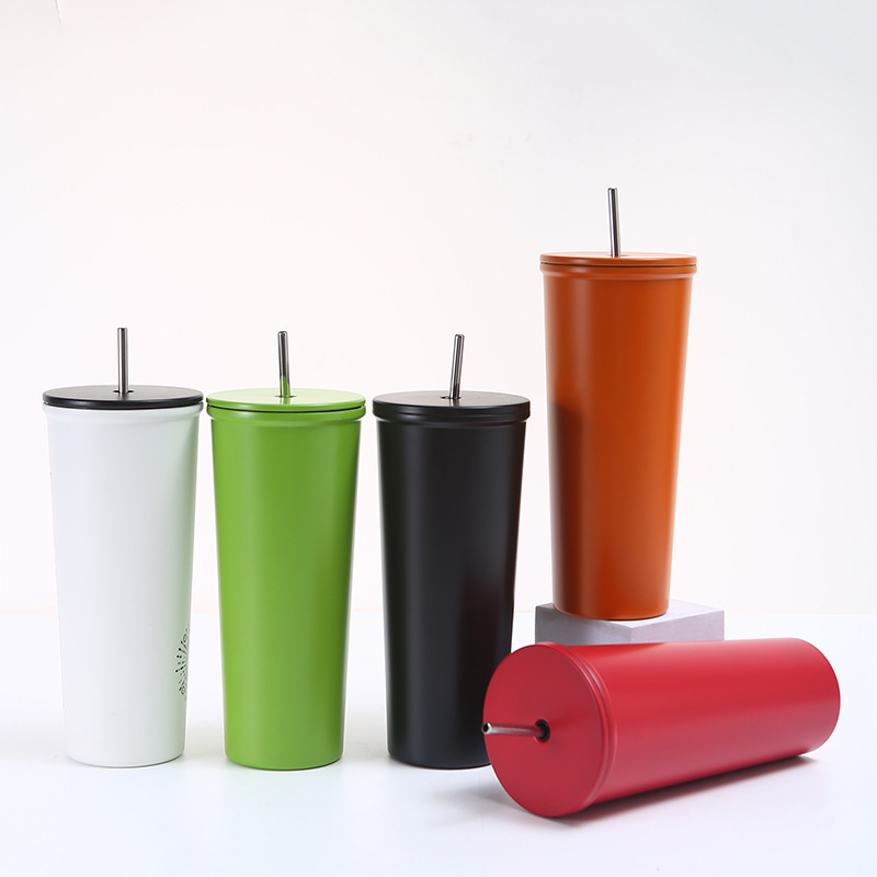 Hot double stainless steel vacuum insulated coffee mug with straw