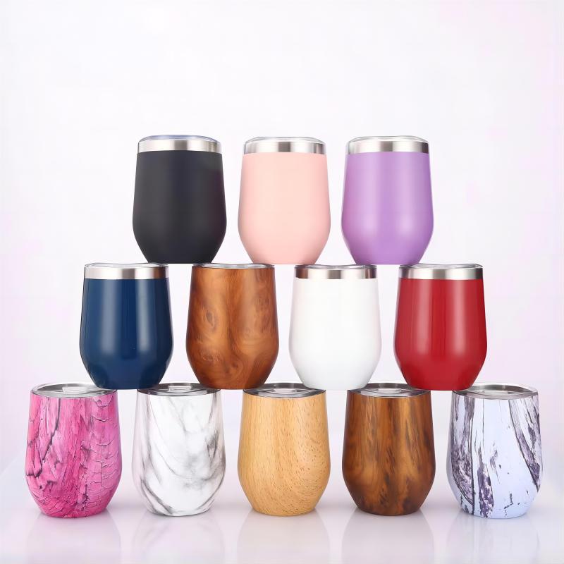 Wood Design 12OZ Stainless Steel Double Wall 304 Vacuum Thermos Coffee Tumbler Egg Shape Wine Tumbler