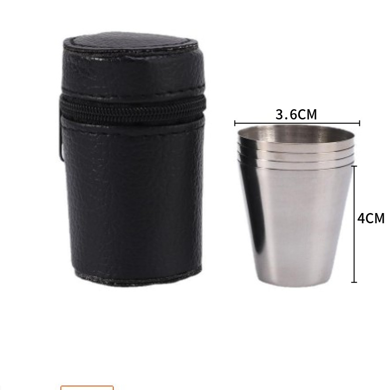 Wholesale Stainless Steel Silver Plated Metal Curled Edges Barware With Leather Cover Bag Drinking Shot Glass