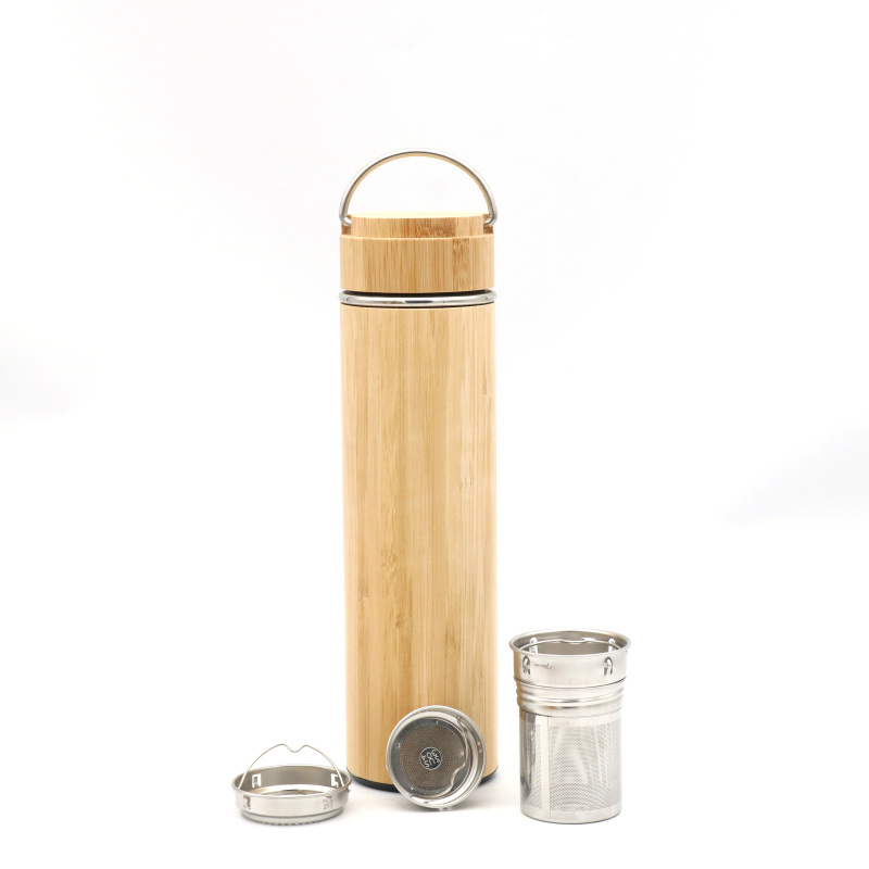 450ml Vacuum Insulated Bamboo Tea Infuser Water Bottle Thermo with Handle Lid