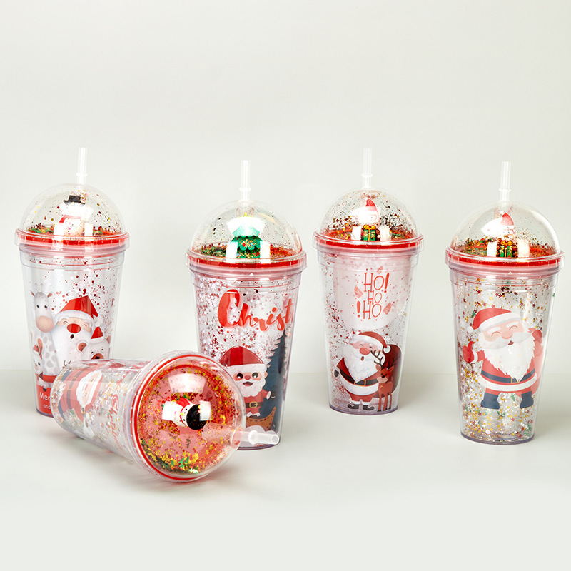 Promotional 17oz Glitter Double Wall Drinking Tumbler Bpa Free Reusable Plastic Christmas Cups With Lids And Straws