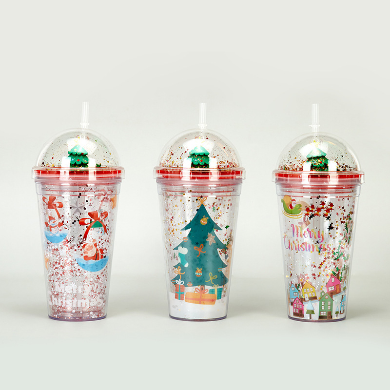 Promotional 17oz Glitter Double Wall Drinking Tumbler Bpa Free Reusable Plastic Christmas Cups With Lids And Straws