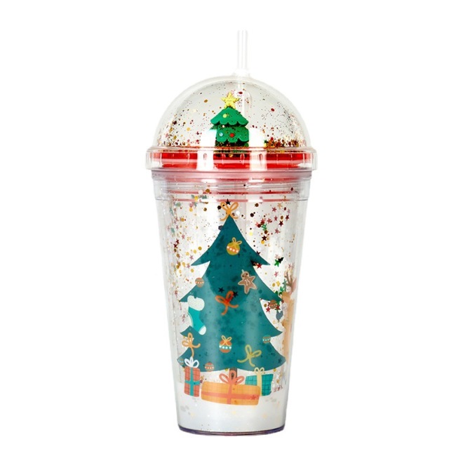 Promotional 17oz Glitter Double Wall Drinking Tumbler Bpa Free Reusable Plastic Christmas Cups With Lids And Straws