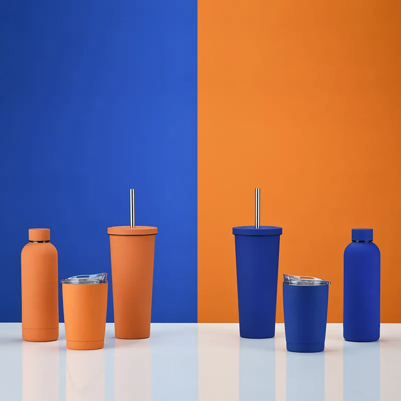 Promotional Fashion Orange Cup Set Drinkware 750ml Double Wall Thermos Flask Stainless Steel Cup Water Bottle Metal With Straw