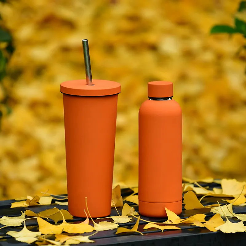 Promotional Fashion Orange Cup Set Drinkware 750ml Double Wall Thermos Flask Stainless Steel Cup Water Bottle Metal With Straw